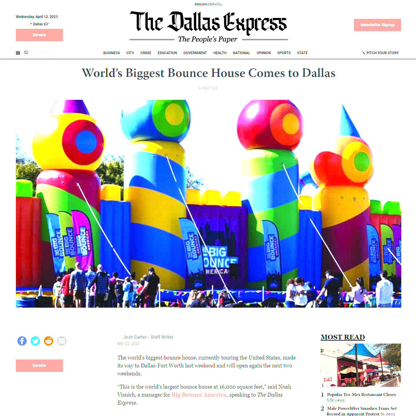 Screenshot of Dallas Express article about the visit of Big Bounce.